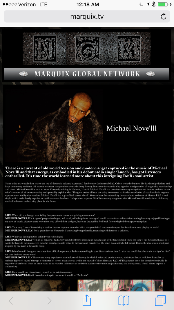 Marquix Global Network Michael Nove'lll
feature story Q&A
link: http://www.marquix.tv/features/MichaelNovelll-Lunch.html