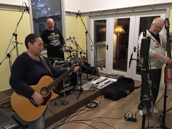 Michelle Chandler with Zoltan Almady & Brian Norris recording drum tracks & guide guitar, vocals & upright bass