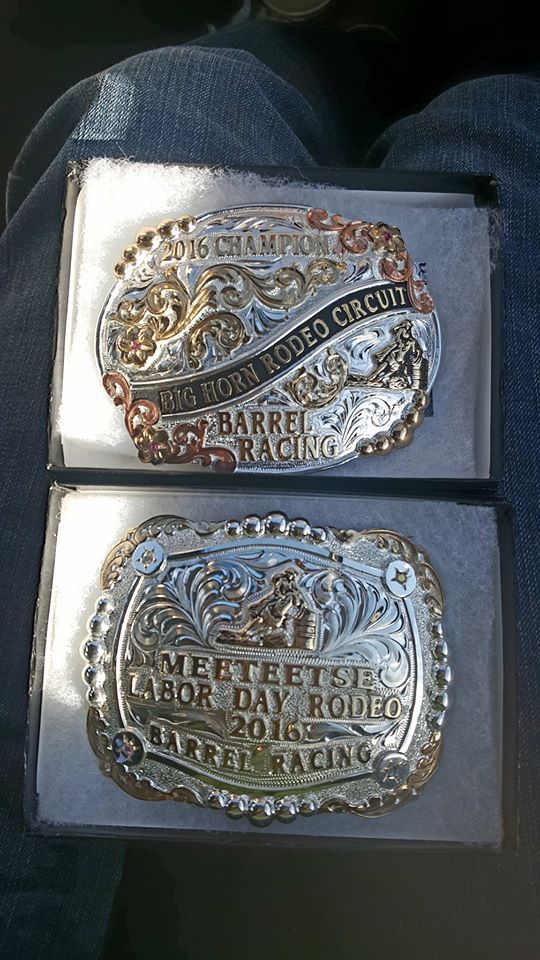 Mindy Larkin wins the final Big Horn Rodeo Circuit Rodeo at Meeteetsee. There were 10 rodeos in the circuit. We did not attend the first two. Out of 8 rodeos, she won Meeteetse in May, HH FAmous Willard won Greybull, Mindy won Lovell and Cowley, HH Famous Willard was 3rd at Tensleep, Mindy was 2nd at Worland, 6th with a bad over reach at Basin, and won Meeteetse labor day, between the two of them they won the Big Horn Rodeo Circuit Barrels.