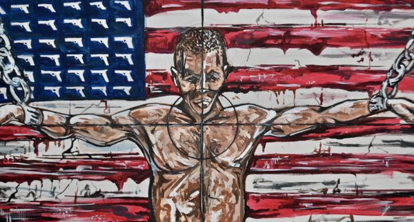 Hunting Natives- The title of this work, in a sense, is a double entendre. We have the hunt between man and animal and at the same time there is the hunt between man and man who is perceived as less than a man. The crucifix image with the American flag backdrop serves as a reminder that the hunt is still on to this day.