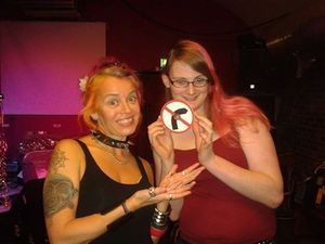 Ruth from NOT Right receiving her new CDs delivered to the door when we all did a REVOLT gig at 'The Tin' Coventry