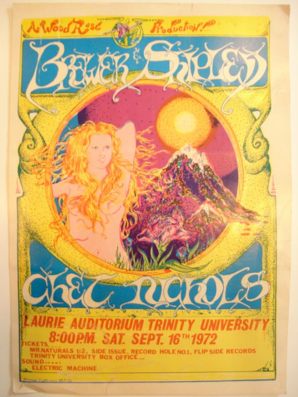 Poster from the early 70's featuring Chet as the "Opening Act" for Brewer & Shipley at Trinity University.