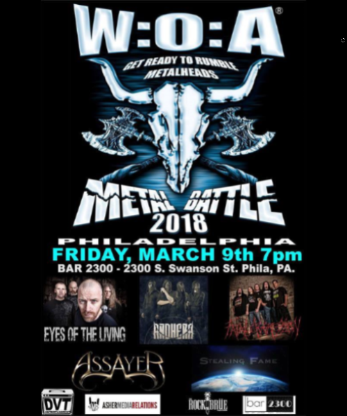 **On Friday, March 9th EYES OF THE LIVING was chosen to compete in the Wacken Metal Battle USA - Philly Regional FINALS !! Congratulations to fellow Winners ANDHERA and to all the other bands who competed.**
Wacken Outdoor Air Festival (WOA) is one of the Largest Concerts in the World. Every Year over 100,000 Metal Heads flock to Germany to see the latest and greatest in Metal Music. WOA will pick one new band to represent the U.S.A. This Year, EYES OF THE LIVING is proud to be chosen to compete to be the one new band from U.S.A. If you can only make one show this year, please come and support us in FRIDAY, APRIL 27 @ Arena 2300 in South Philly. Tickets $10 in Advance.