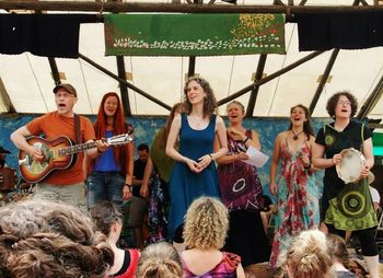 Blue Skies Festival Gospel Hour. L - R: Sam Turton, Lisa Hodgson, Jane Lewis, Brenda McMorrow, Shannon Kingsbury, Eve Goldberg. Photo: Tricia Brubacher