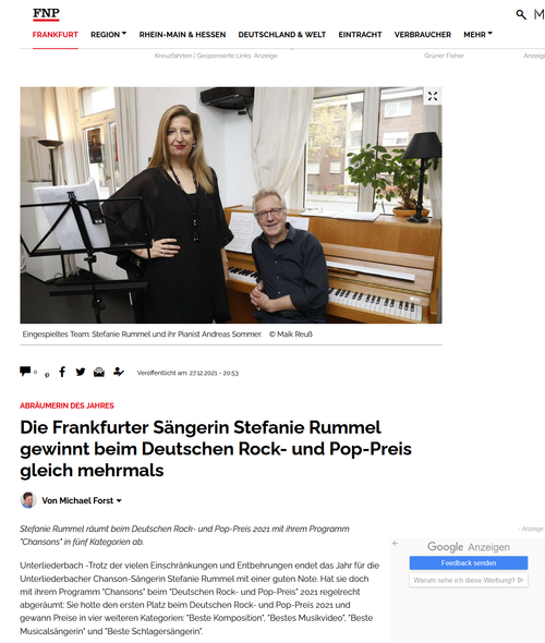 5 times Award Winner - Chansons Deutscher Rock Pop Preis 2021 https://www.fnp.de/frankfurt/die-frankfurter-saengerin-stefanie-rummel-gewinnt-beim-deutschen-rock-und-pop-preis-gleich-mehrmals-91203802.html