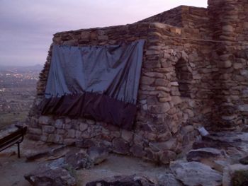 Giant tarps around the windows of the Lookout structure to keep wind from ruining the shoot, Ever Before video shoot, 2011