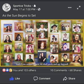 Screenshot of us, the Merry Wives, and the Poxy Boggards along with a few friends marking the end of what would've been the 2020 RPF season in song. See the video on our Facebook page: https://fb.watch/1NBDCb7me_/