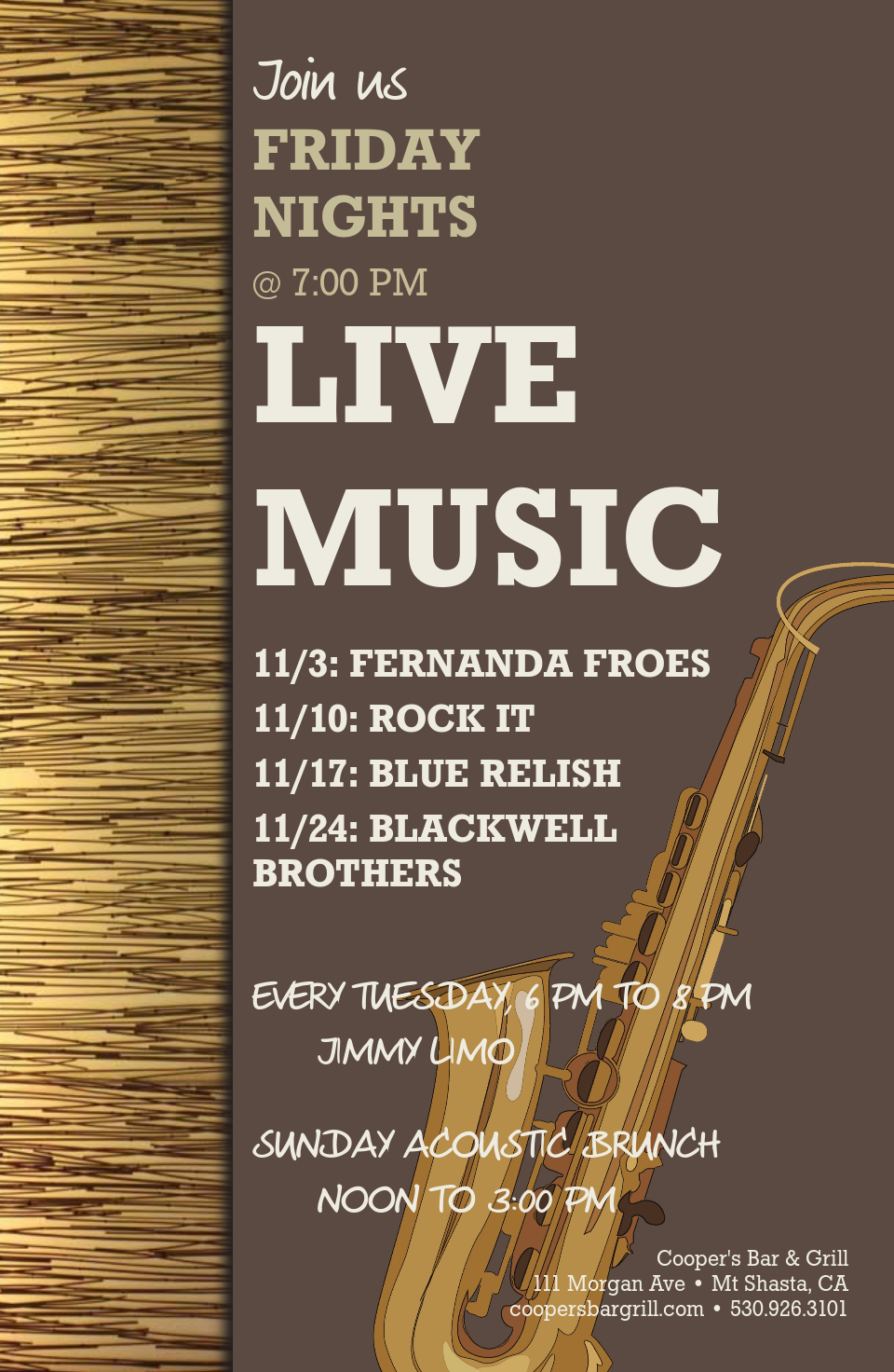 Fernanda Froes (Fernanda Froes-Pruett)<br> Event: “Friday Nights Live Music”<br> Venue: Cooper’s Bar & Grill<br> Location: Mount Shasta, California<br> Date: November 03, 2017<br> <br><br>