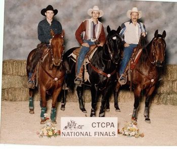 Chad competing in the top ten with brother and father at the CTCPA National Team Penning Finals (Open & 7 Class), all riding 4 year olds.