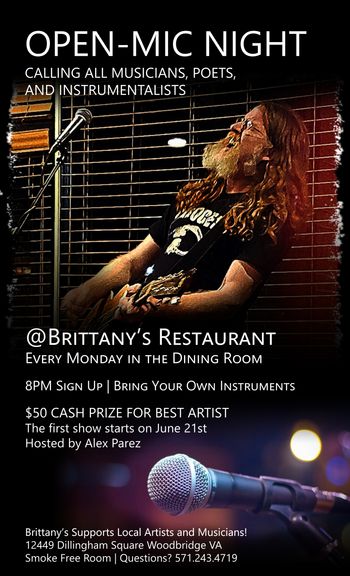 www.alexparez.com Alex The Red Parez aka El Rojo Hosting Open Mic Night Monday Nights at Brittany's Monday, August 1st, 2022, 8:00pm-11:30pm - Poster Created by Adam Parez