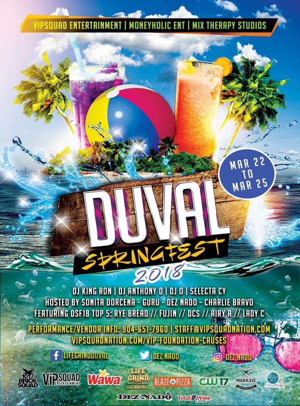 DUVAL Spring Fest 2018 Official Facebook Event Page --> https://www.facebook.com/events/163698864401730/
DUVAL Spring Fest 2018 Official Eventbrite Page --> https://www.eventbrite.com/e/duval-spring-fest-ryb-2018-tickets-41809559518
VIPSquad Entertainment | CW17's Life & Grind: Duval TV Series | Moneyholic Entertainment | First Coast Lupus Fight | Jacksonville: Young Urban Professionals Network Present
DUVAL Spring Fest 2018 | Rep Yo Brand! Business & Talent Expo 2018
THU March 22-SUN March 25
Jacksonville, FL
DUVAL Spring Fest + RYB! 2018, (Duval Spring Music & Community Festival) a Jacksonville-based, all-indie music concert series, has been held every spring since the founder (Jacksonville-based Hip Hop/Caribbean artist and music/TV producer Dez Nado) was a student at the University of North Florida circa 2006, the year that the first Spring Fest was held at "Wackadoo's" on the campus of the university. The event was designed to be a platform for local talent, local businesses, and local musicians to showcase themselves and their brands, with the over-arching goal being to raise the level of awareness for local music/business while offering locals more opportunities to connect with potential supporters and upping the quality of the local entertainment scene at the independent level. Each year the festival dedicates at least one event during the weekend to directly benefiting the community.
("Feed Those In Need", where volunteers are called usually on the last afternoon of the weekend to distribute food and clothing to the less fortunate, and "Each One, Teach One", where the community is called to donate funds for high school graduate scholarships, academic & health/fitness programs, and for school supplies for underserved K-12 students, both to be administered via The VIP and Chasity Taylor Foundations)
Since then, the event's brand has developed into an impactful yearly rite of passage for many up-and-comers in the local music scene, having received acclaim from Starz TV Producer & Eminem protégé 50 Cent's G-Unit Records, Def Jam Records executive A. Lindsey, local news & entertainment media including Folio Weekly, Buzz Magazine, Jacksonville Magazine, The Chat, River City Live, and more. This year, Spring Fest is partnering with a similarly structured local event, called "Rep Yo Brand! Business and Talent Expo" along with Top Golf, First Coast Lupus Fight, and Jax Young Urban Professionals to bring another aspect to Spring Fest weekend; community health awareness, by calling on the community to support non-profit organizations like First Coast Lupus Fight for the betterment of the local community's health as a whole (Tickets for Rep Yo Brand! Expo can be purchased separately HERE https://www.eventbrite.com/e/journey-2-a-cure-benefit-rep-yo-brand-business-talent-expo-2018-tickets-36905131241#tickets ).
The goal this year is to not only raise awareness and support for the less fortunate, underserved K-12 students and graduates, along with Jax's local entertainers and entrepreneurs, but also to raise awareness and support for those within and outside of the entertainment industry battling incurable illnesses, including lupus, multiple sclerosis, rheumatoid arthritis, Graves' Disease, HIV/AIDS, and more. Their goal is to not just raise funds to donate to non-profits like First Coast Lupus Fight ($5,000 goal) and The Chasity Taylor Foundation ($5,000 goal), but to also boldly be the voice for those suffering, many of whom often feel voiceless in today's society.
The lineup of events starts on Thursday, March 22 with a fundraising kick-off lunch from 11am-5pm at Blaze Pizza where locals can bring a Spring Fest coupon print-out/digital flyer and donate 20% to the causes of the festival, and later there will be a private wine tasting from 6-8pm for raffle winners from the community and event VIPs at Total Wine & More. The official kick-off party will be at LIVE BAR on Bay street Friday night (March 23), followed by a Community Benefit Luncheon at Maa Banquet Hall on Saturday March 24, 12-3pm, for victims of the aforementioned illnesses along with at-risk students who will have a chance to receive donated prom dress/tuxedo rentals on behalf of VIP/The Chasity Taylor Foundation. That night, there will be a local/independent music showcase for local bands and musicians at Morocco Shrine Auditorium, and on Sunday, March 25, they wrap up the weekend with Feed Those in Need 2-4pm at Hemming Park, and finally Journey 2 A Cure Benefit - Rep Yo Brand! Business & Talent Expo from 6-9pm at Top Golf, featuring Jacksonville's top musical talent, models, fashion designers, and small businesses on display.
Thursday MAR 22
>> Blaze Pizza Presents: The Official Fundraiser Kick-Off Lunch & Donation Drop-Off @ Blaze Pizza - Town Center
with The Chasity Taylor Foundation & The Man Kave BarberShop - 4488 Town Center Pkwy 32224 -- 11AM-5PM
>> Total Wine & More Presents: A Taste of Italy: Barolo & Brunello di Montalcino VIP Fine Wine Tasting @ Total Wine & More
**Private Event - RSVP Required** 4413 Town Center Pkwy 32246 -- 6-8PM
Friday MAR 23
>> Mince Productions Presents: Welcome 2 DUVAL Kick-Off Party & Mixer @ LIVE Bar
with Selectah Cy - 331 E Bay St. 32202 -- 9PM-Until
Saturday MAR 24
>> Wawa & Vision Is Power Present: DUVAL Spring Fest Community Benefit Luncheon @ Maa Banquet Hall
Hosted by Charlie Bravo with DJ O - Catered by Stick To Ya Roots Catering
with WJXT/News4Jax's Destiny McKeiver, Chasity Taylor Foundation founder Latricia Taylor, Life Coach/Mentor & Finally SHE founder MrsChelle Martin-Pearman, Time2Shine Radio Host Ajeania G, Olympus Group CEO & Part-Owner of Alabama Sabers Gibril Davies Jr., & MORE - 8206 Philips Hwy #22, 32256 -- 12-3PM
>> Wigged Outt & Mix Therapy Studios + Scene 904 Productions Present: Leisure Couture Fashion Show @ Truth Entertainment Complex
Hosted by B. More
featuring Tony Mazi, O'Money Tipton, Mz Penny, William Boston Apparel & MORE - 11000 Beach Blvd. 32250 -- 4-7PM
>> Power 106.1 + CW17 & VIPSquad ENT Present: Artists 2 Watch 2018 Concert @ Morocco Shrine Auditorium
Hosted by Guru & Sonita Dorcena with DJ King Ron
featuring I Am Rye Bread, Fujin, DCS, Airy A, Lady C, J.R Da Don, Wally Cat, Serious Penny Fatboy Offglass, Fuller, Jus Stacks & MORE - 3800 St. Johns Bluff Rd. S 32224 8PM-Midnight
Sunday MAR 25
>> Wawa & Man Kave Barbershop Present: Feed Those in Need @ Hemming Park
Volunteers Must Register in Advance - 135 W Monroe St. 32202 2-4PM
**Non-Perishable Food, Personal Hygiene & Clothing Accepted @ The Man Kave BarberShop - 6209 Merrill Rd. -- 2-4PM
>> Jax YUP + Suade Out & First Coast Lupus Fight Present: Journey 2 A Cure Benefit - Rep Yo Brand! Business & Talent Expo @ Top Golf
featuring Jax's top musical talent, models, fashion designers, and small businesses on display
with DJ GURU | FunnyBone | Shennette Sparkes | Shellecia Cogdell - 10531 Brightman Blvd. 32246 -- 6-9PM
For sponsorship, vendor, performer, or other info: 904.651.7960 | 904.270.9403 | 904.576.3676 | www.Facebook.com/RepYoBrand | www.VIPSquadNation.com/VIP-Foundation-Causes | www.Facebook.com/LifeGrindDuval |
www.Facebook.com/DezNado | www.Facebook.com/LifeGrindATL | www.Facebook.com/VIPSquadENT