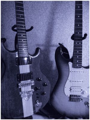 My trusty axes. A 1970s Ibanez Musician MC300 - bought new, still going strong. Used for the lead solos on The Sibylline Books and Suit. And a much more recent purchase, my Fender Strat. Lead guitar on Panopticon / Rome Burns. Gotta love that neck pickup sound!