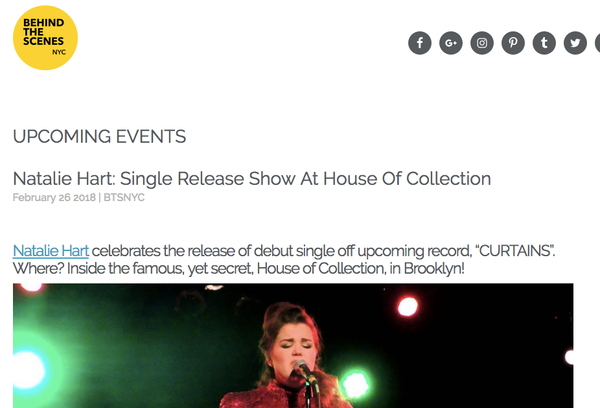 Catch her acoustic set in Brooklyn’s quirkiest venue, House Of Collection, a one-of-a-kind loft space that was converted from a bookbinding factory in 1989.
Finish the night off by listening to the debut track and enjoying some NY wine courtesy of Macari Vineyards.
So, come celebrate with us the debut single from Natalie’s album, 3 years in the making, “CURTAINS”!