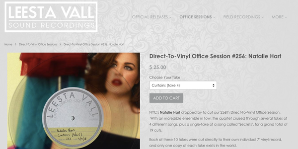 NYC's Natalie Hart dropped by to cut our 256th Direct-To-Vinyl Office Session. With an incredible ensemble in tow, the quartet cruised through several takes of 4 different songs, plus a single-take of a song called "Secrets", for a grand total of 19 cuts.Each of these 10 takes were cut directly to their own individual 7" vinyl record, and only one copy of each take exists in the world.