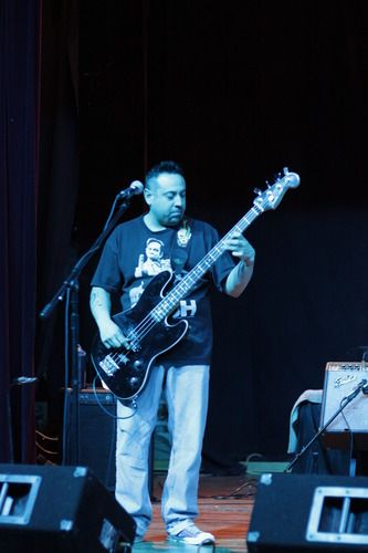 Tony Soto on bass. His shirt says it all. L-Town Allstars @ Dickens Opera House, Longmont, CO, 1-29-2011. Photo by Kip Martin.
