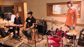 Dechen Hawk, Jubal and Todd May prepare for our appearance on KGNU's Kabaret show, 2-13-2012. Danny Shafer and the 21st Century.