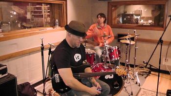 Jubal and Todd preparing to rock the rhythm for Danny Shafer and the 21st Century, KGNU Kabaret 2-13-2012.