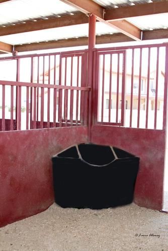 Our 3 section feeders which are both in the front and back barn stalls. Hay, pellets and mineral blocks can be held separately and there is no feed wasted.