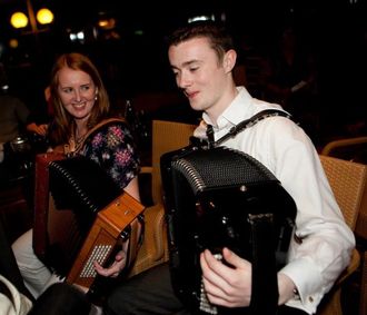 Kevin and his teacher Kathleen Boyle of Cherish the Ladies at sea in early 2012
