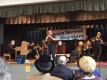 We are grateful for the opportunity to perform this wonderful Dixieland New Orleans music with Basin Street Regulars today! Thank you! It was special to have guest tuba-ist Gary Thompson, Scott Andrews's 7th grade teacher, sitting in with Paul on trombone, and special guest George Smith on piano!