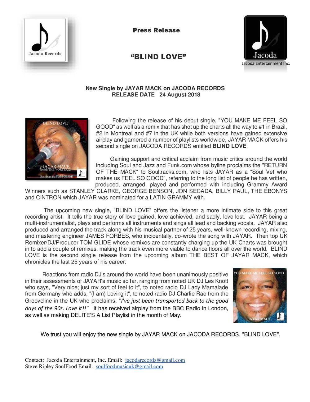 BLIND LOVE by JAYAR MACK on JACODA RECORDS PRESS RELEASE.