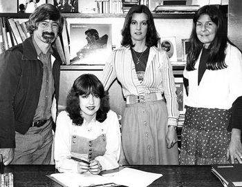 Sharon O'Neill signs her record deal: CBS boss John McCready, Sharon O'Neill, CBS staff Robyn Williams and Gaynor Crawford Photo credit: John McCready Collection