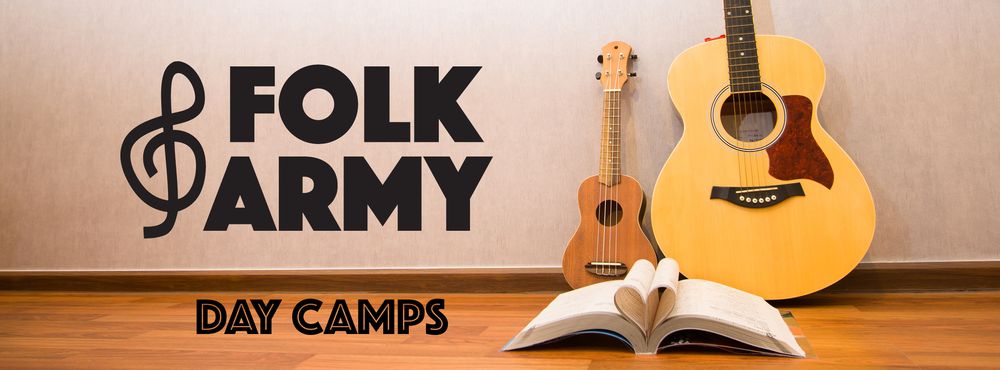 Folk Army Day Camps background banner with two guitars and a book