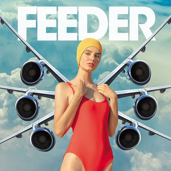 album cover for Feeder's Torpedo album features a lady in a one piece red swimsuit with six airplane wings coming out of her back
