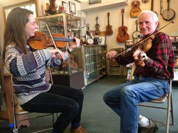 Marina jamming with bluegrass fiddle legend Byron Berline at the original Double Stop Fiddle Shop in Guthrie, OK.