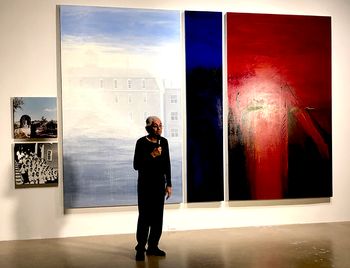 Sandy Bay 1998-99, is a 5-part display meant to be viewed left to right. Moving from photographic representation to abstraction. 2 photos are evidence of his residential school years.
