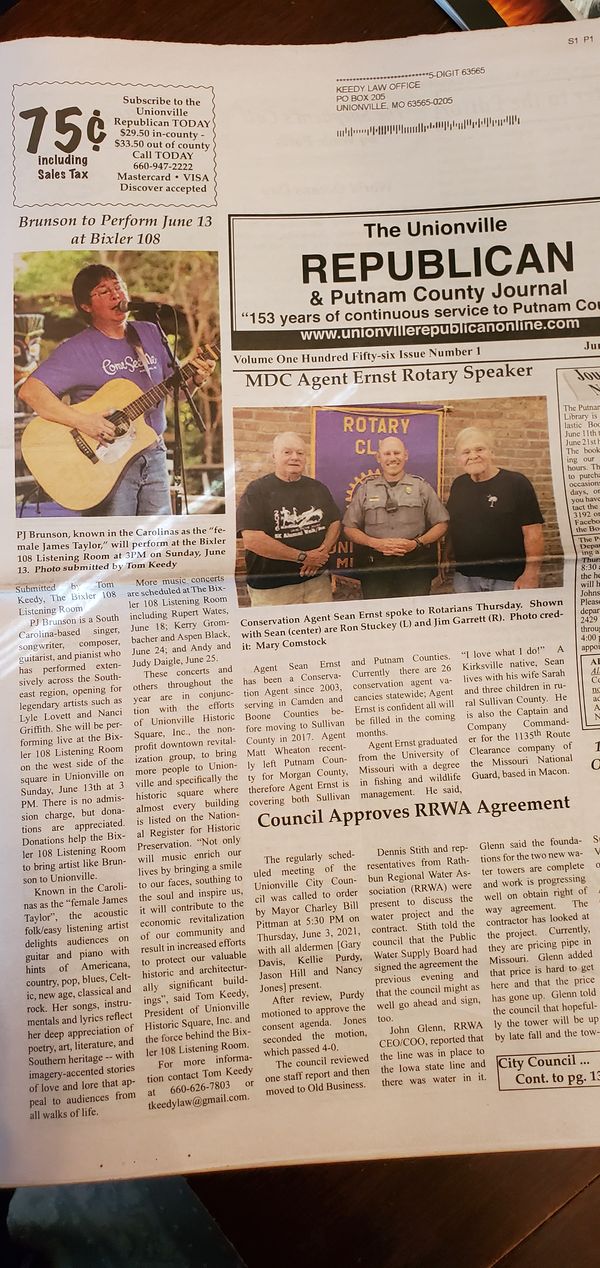 Front page of the Unionville, Missouri paper for my Missouri debut.