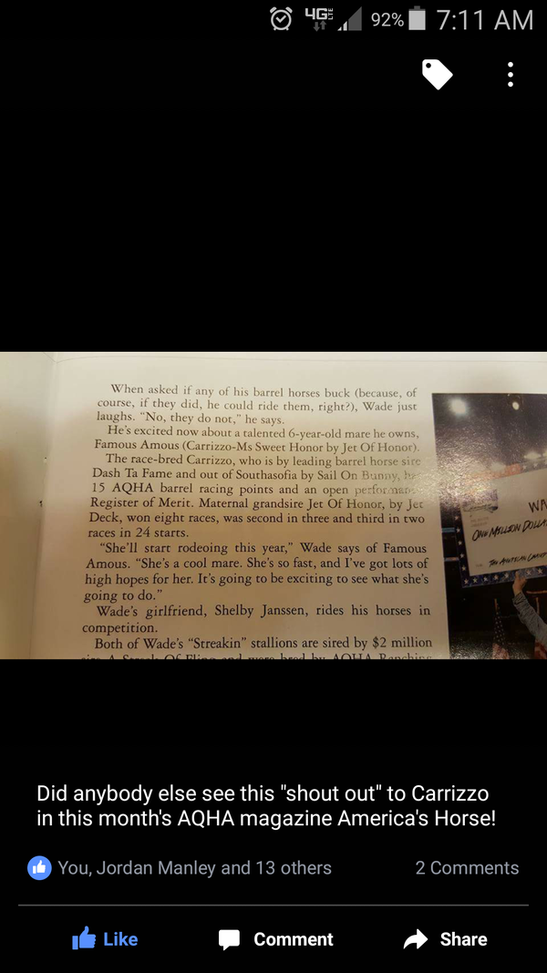CARRIZZO IS IN MAY's AQHA Magazine
STOCKS ARE RISING as Frank Says.