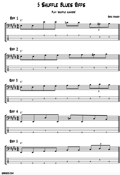 5 shuffle blues riffs for bass guitar with TAB