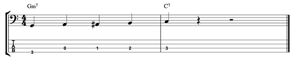 Walking Bass Line between Gm7 and C Tab