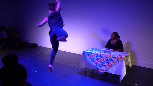 Earth Goddess (Joslynn Mathis Reed) leaps into action, while Octavia (Adrian Applin) struggles with writer's block. Photo: Chani Bockwinkel