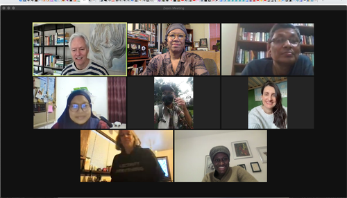 Zooming with the international production team of Scene on Radio Season 5: The Repair...From top left: executive producer and host John Biewen (North Carolina), me, Tareq Ahmed (Bangladesh), Nita Roshita (Indonesia), Julian Cola (Ecuador), Victoria McArthur (Scotland), co-host Amy Westervelt (California), Ugochi Anyaka-Oluigbo (Nigeria)