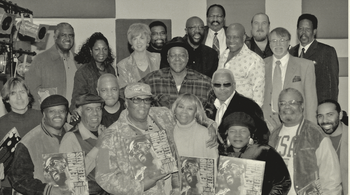 This photo was taken at the 50th Anniversary of Stax Studio. Artists and staff members pictured are: Doris Fredrick (Estelle Axton’s daughter), blues singer Anne Hines (toured with Soul Children), Norman West (original member of Soul Children), songwriter Mac Rice (“Mustang Sally,” also wrote for the Staple Singers), recording artist Mable John (the first female to be signed to Motown by Barry Gordy), Boo Mitchell (Royal Recording Studios, grandson of Willie Mitchell), Marvel Thomas (son of Rufus Thomas and keyboard player for the Rufus Thomas Band), Larry Dodson (lead singer of the Bar-kays), Curtis Johnson and Sam Jones (Vocals, Astors, recording artist of Stax Records), Jody Stevens (original member of recording group Big Star - Stax distributed that record), John Gary Williams (lead singer of The Mad Lads), Floyd Newman (original member, baritone sax player of the Memphis Horns), Betty Crutcher (songwriter with writer credits on “Cheaper To Keep Her,” co-writer on “Who’s Making Love”), Isaac Hayes, David Porter, Wayne Jackson (original member, trumpet player, Memphis Horns), Eddie Floyd (recording artist, “Knock on Wood”), Steve Cropper (guitar player, Booker T and The MG’s), Al Bell (president of Stax, co-wrote “I’ll Take You There” by the Staples Singers), and William Bell (singer/songwriter, Grammy-winning recording artist)
