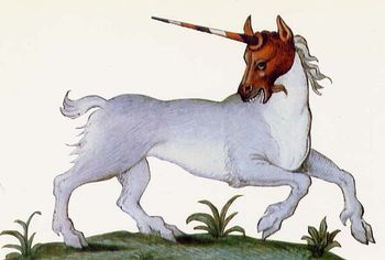 From a 1566 manuscript of a bestiary by Manuel Philes (Bibliothèque Sainte-Geneviève, Paris, ms. 3401), this illustration of a unicorn follows Ctesias's description, as it came down through Aelian and Pliny to the Middle Ages.