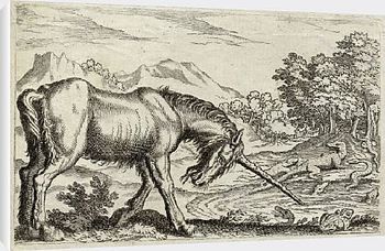 This engraving shows a unicorn cleaning a poisoned pool with its horn. Serpents, the traditional poisoners of the water, can be seen fleeing from the unicorn.