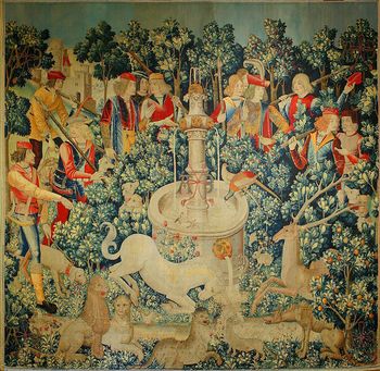 This tapestry, currently at the Cloisters Museum in New York, was woven in Belgium in about 1500. It shows the unicorn healing a poisoned stream with its horn, while other animals, as well as the encroaching hunting-party, look on.
