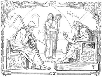 Vafþrúðnir and Odin swap riddles while an unnamed woman looks on. The drawing is by by Lorenz Frølich, from Gjellerup, Karl (1895), Den ældre Eddas Gudesange.