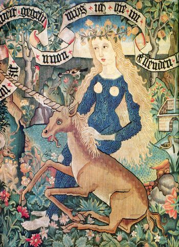 This tapestry fragment, showing a naked wild woman and a unicorn, dates to about 1500. It was used as a chair-back cover in Alsace, on the Upper Rhine. It is currently in the historical Museum of Basel