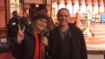 With one of my idols, Amy Goodman of Democracy Now! At a fundraiser for Encuentro 5 with Noam Chomaky in Boston, 2019.