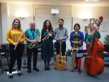 Band supporting the cause, with many thanks for (from the left) Emma Carpenter (flute/percussion), Gerry Harrison (sax/clarinet/percussion), Laura Spark (trumpet/percussion), Mark Jones (MD/guitars/flute), Marie-Lou Frieden (saxes/percussion) & Julia Cadman (bass) commitment and excelling performance!