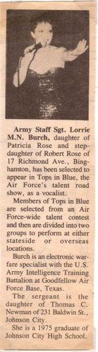1985 - I competed in the Air Force Talent Contest, and won 1st Place in the Female Vocalist through all levels, including their Worldwide competition. I got selected to tour with Tops in Blue, the AF's entertainment showcase. It was an honor under any circumstances, but even more so for me - since I was in the Army, not the Air Force!