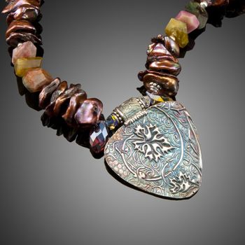 Wine Garden - fine silver pendant with awesome colors on the silver with cocoa pearl chips and chunky Tourmaline. McKenzie's Jewelry by Nancy Koehler. SOLD
