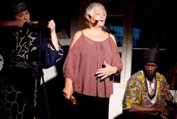 The performance goes very well even as we continue to learn with each new collaborator. This time we have Oumar from Senegal on djembe and Fuki from the Ainu people who came down from Lake Akan with her haunting mouth harp and stringed instrument from her people.