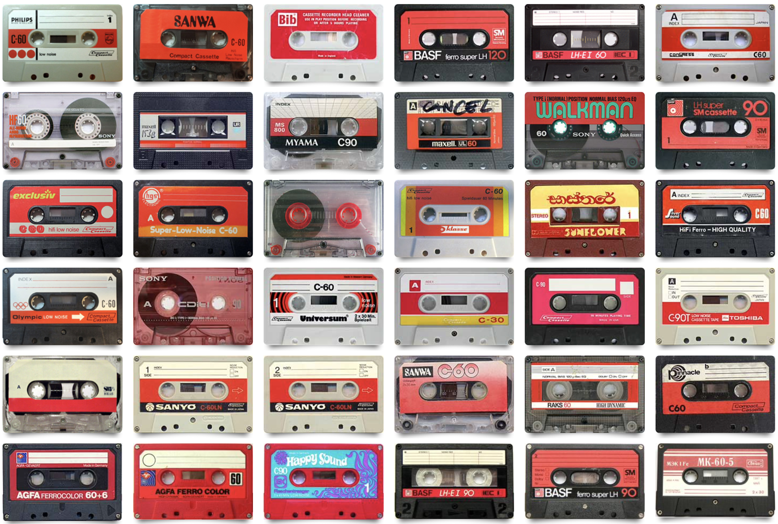 A collection of plastic tape shells, mostly with red detailing, showcasing a multitude of retro typography.