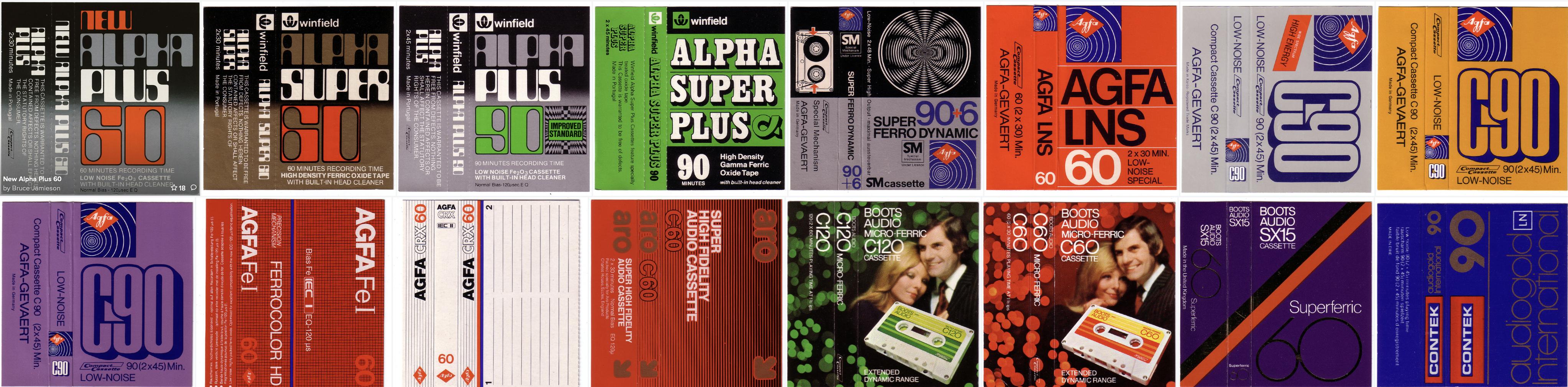 A collection of card tape inserts, including Memorex, Boots and Agfa brands.