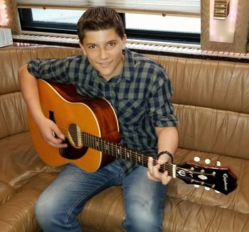 Jake on the Gibson Bus, playing the guitar Paul McCartney used to record Yesterday. He did a special run with Gibson to auction for charity, and he donated this one to them. When he played it, the guitar was restrung to accommodate his left handedness.